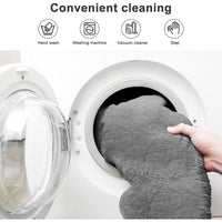 Person placing a gray towel into a washing machine with icons indicating cleaning methods.