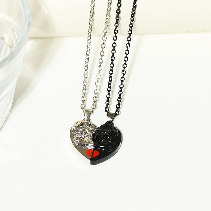 Heart-shaped Magnetic Stitching Love Skull Couple Necklace - BRANDNMART