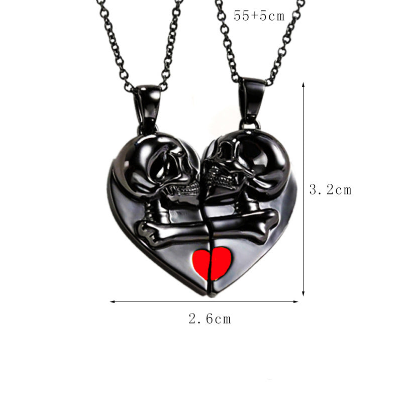 Heart-shaped Magnetic Stitching Love Skull Couple Necklace - BRANDNMART