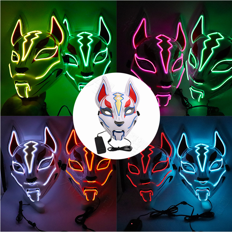 Glowing Cat Face Mask For Women Demon Slayer Cold Light Fox Mask Masquerade Cosplay Props Bar Haunted House Christmas Decor - BRANDNMART