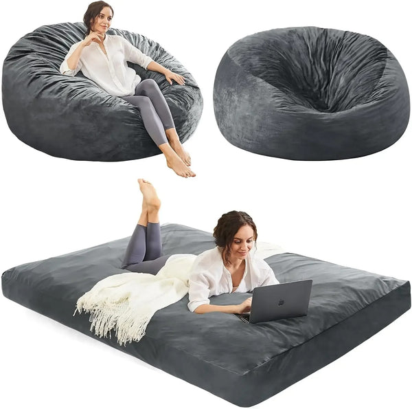 Giant Convertible Bean Bag Chair 5ft Size With Memory Foam Filler, Folds From Chair To Mattress- Charcoal