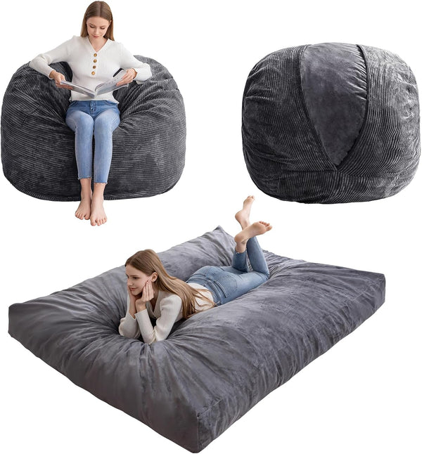 Giant Convertible Bean Bag Chair Large Size With Memory Foam Filler, Folds From Chair To Mattres
