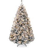 7Ft Snow Flocked Artificial Pre-lit Xmas Tree With Metal Stand, 300 Chasing Warm LED Lights - BRANDNMART