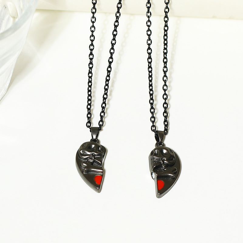 Heart-shaped Magnetic Stitching Love Skull Couple Necklace - BRANDNMART