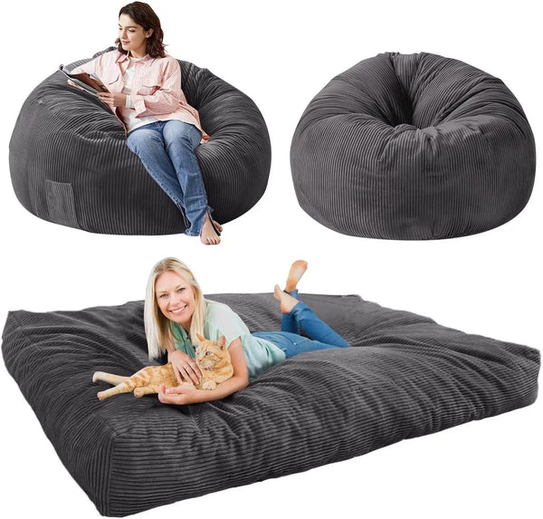 Giant Convertible Bean Bag Chair 6ft Size With Memory Foam Filler, Folds From Chair To Mattress- Light Black