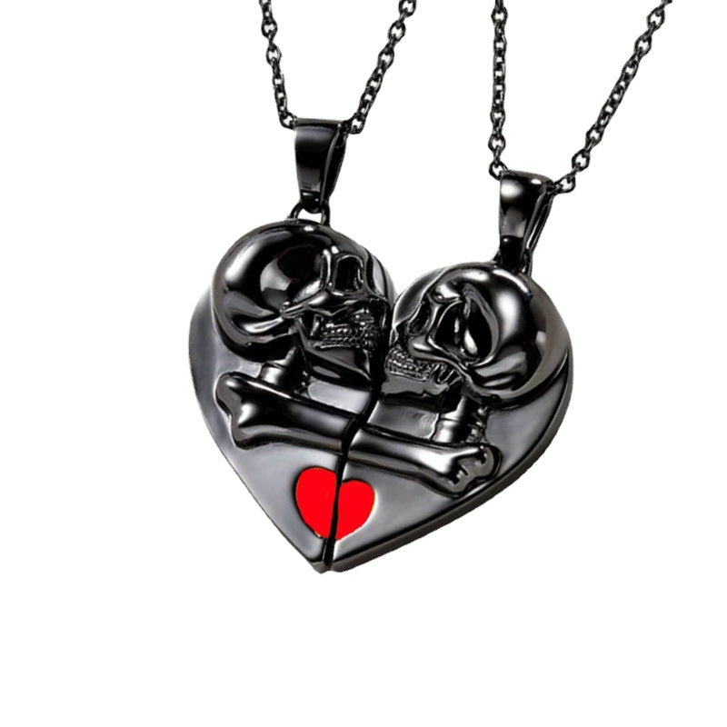 Heart-shaped Magnetic Stitching Love Skull Couple Necklace - BRANDNMART