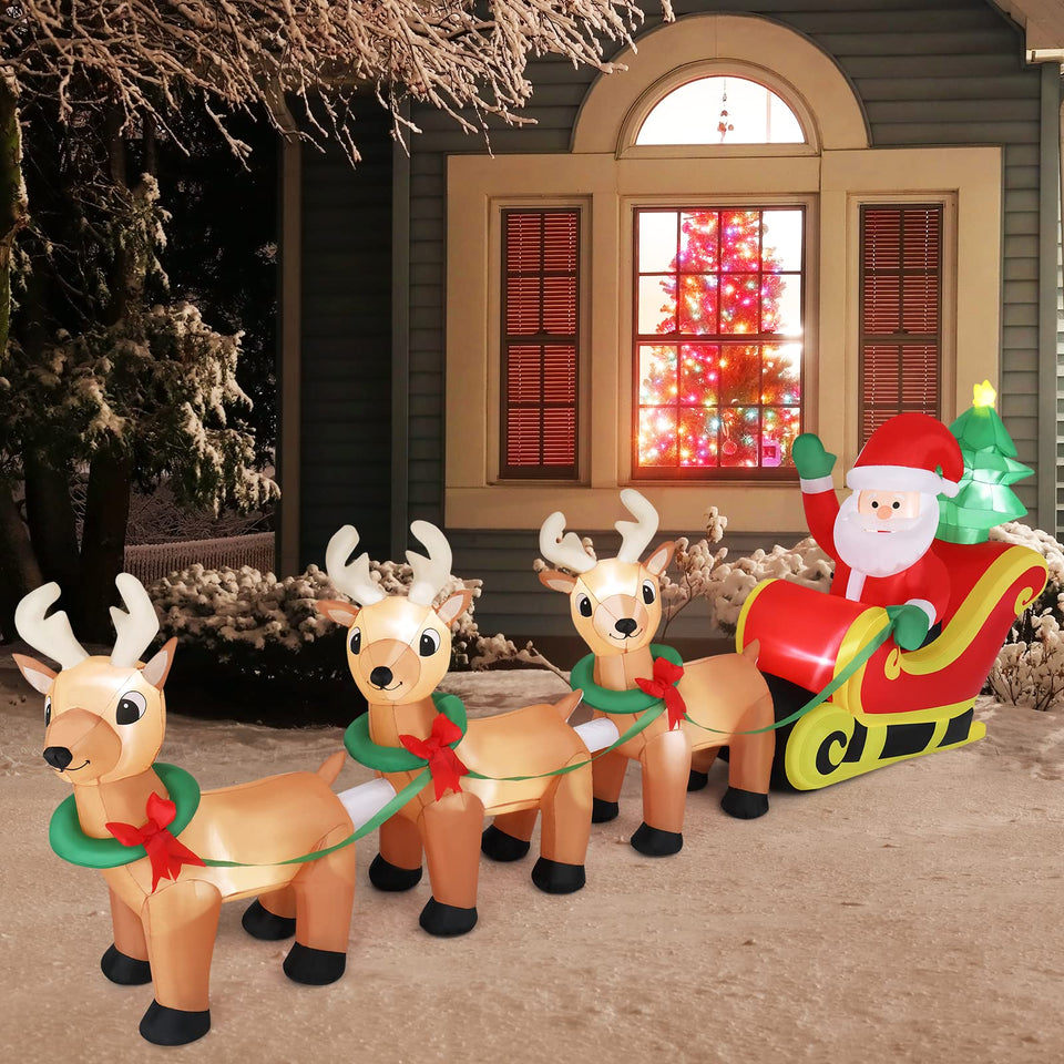 BrandnmartI 10 FT Long Inflatable Santa Claus on Sleigh With 3 Reindeer Christmas Decoration with LED Lights and Electric Blower - BRANDNMART