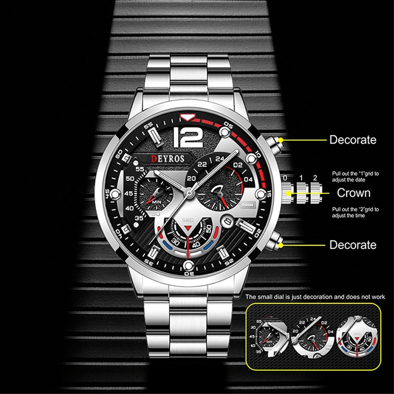 Deyros Luxury Quartz Men's Wristwatch - Full Steel Calendar Luminous Clock Watch - BRANDNMART