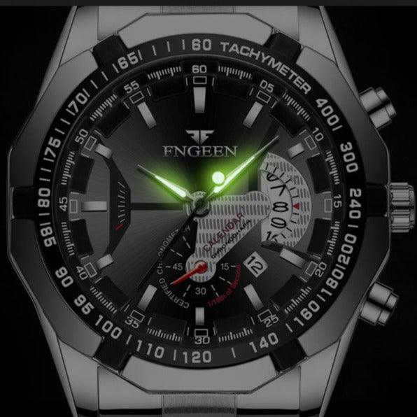 Fngeen Luxury Sports Quartz Men's Watch - Full Steel Waterproof Calender Wristwatch - BRANDNMART