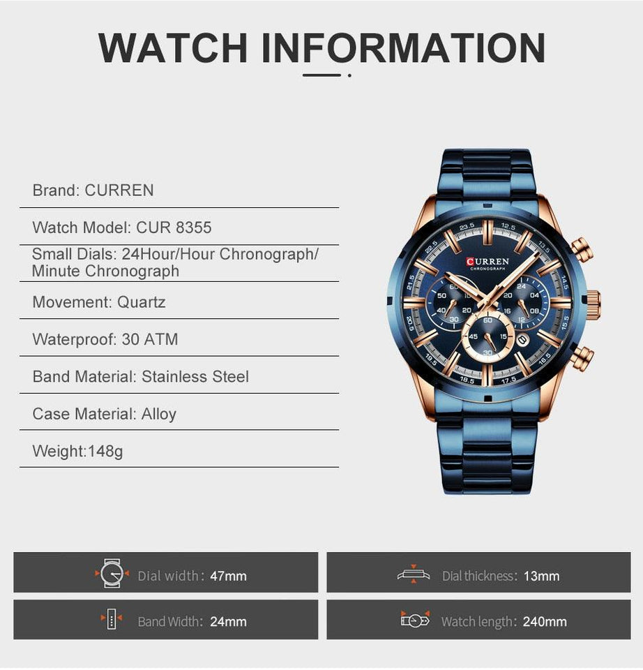 Curran Luxury Sports Quartz Men's Watch - Full Steel Waterproof Chronograph Wristwatch - BRANDNMART