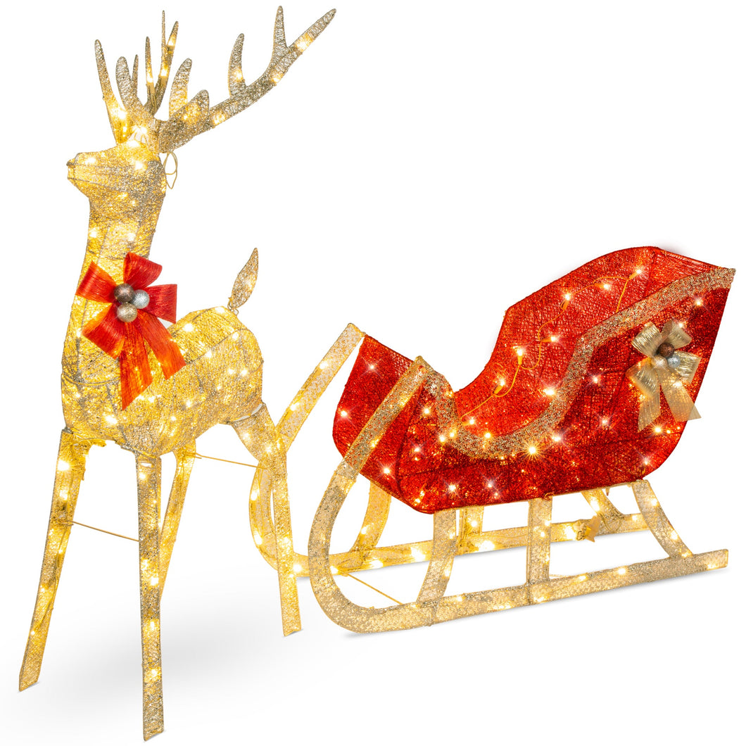 Lighted Christmas Reindeer & Sleigh Outdoor Decor Set w/ LED Lights - BRANDNMART
