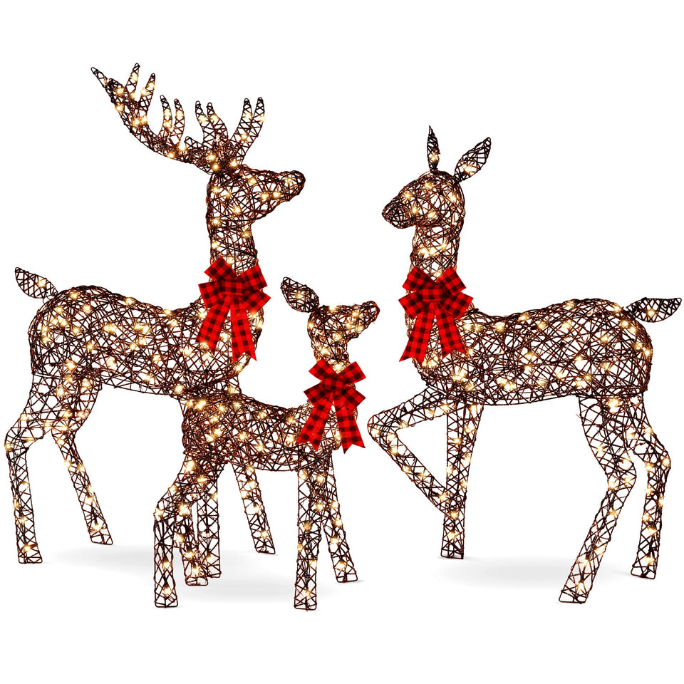 3-Piece Lighted Rattan Deer Family Outdoor Decor Set w/ 360 Lights - BRANDNMART