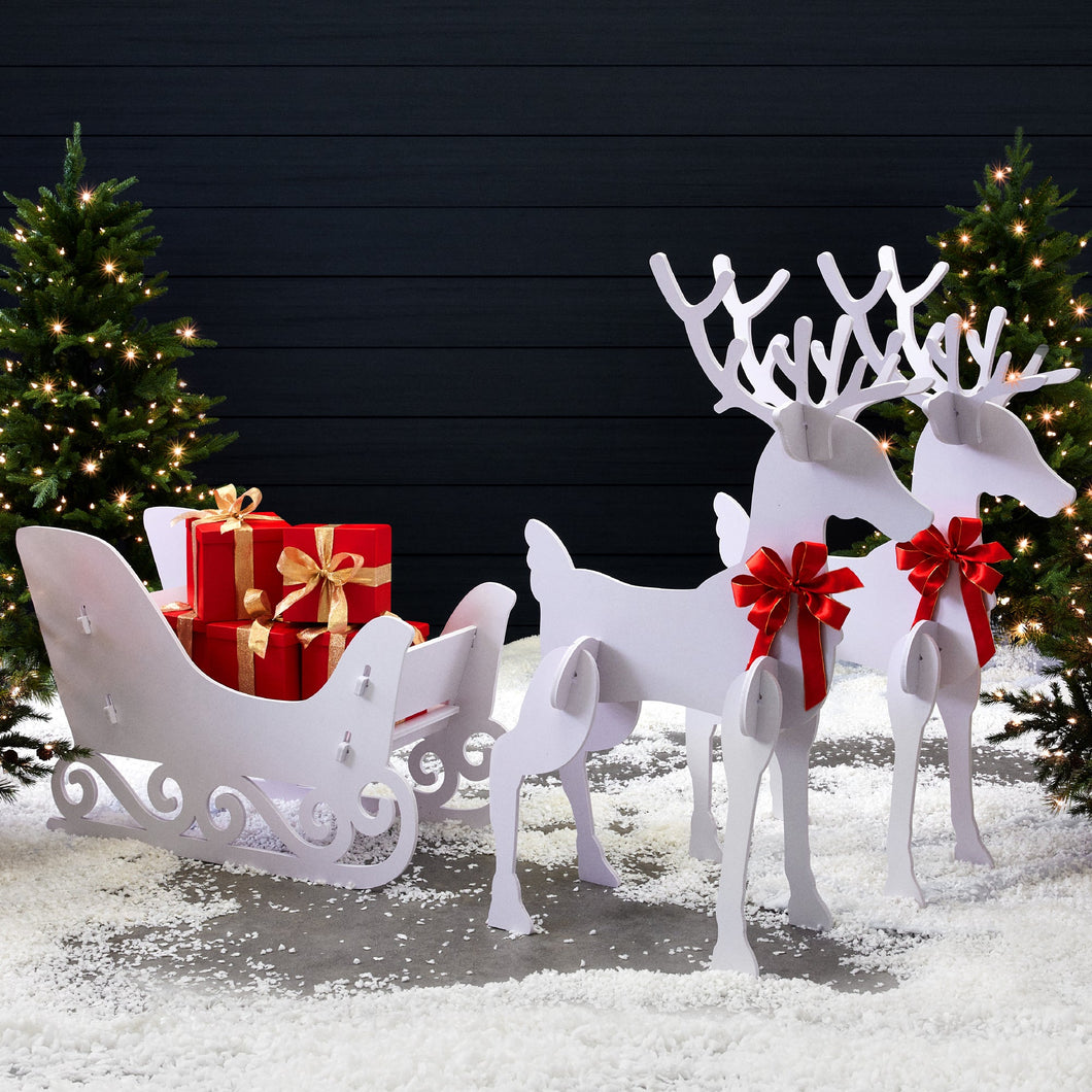 3-Piece Deer & Sleigh Silhouette Set Holiday Yard Decoration w/ Stakes - 4ft - BRANDNMART