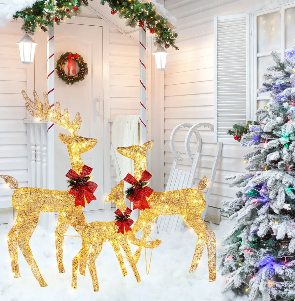 3-Piece Lighted Christmas Deer Family Set Outdoor Yard Decoration with 270 LED Lights Gold/White - BRANDNMART