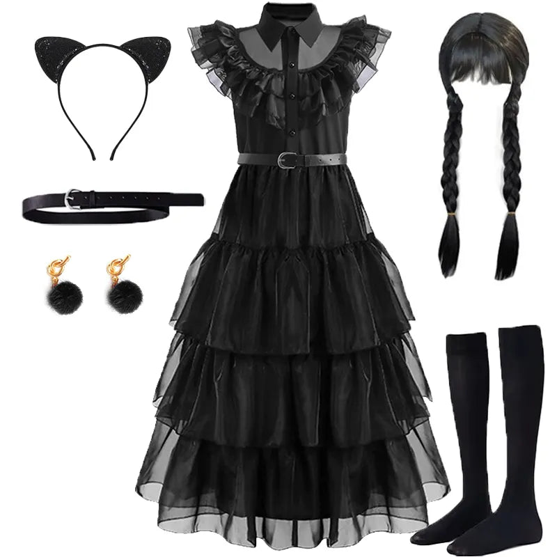 Wednesday Addams Kids Cosplay Costume (5-14 Years Kids)